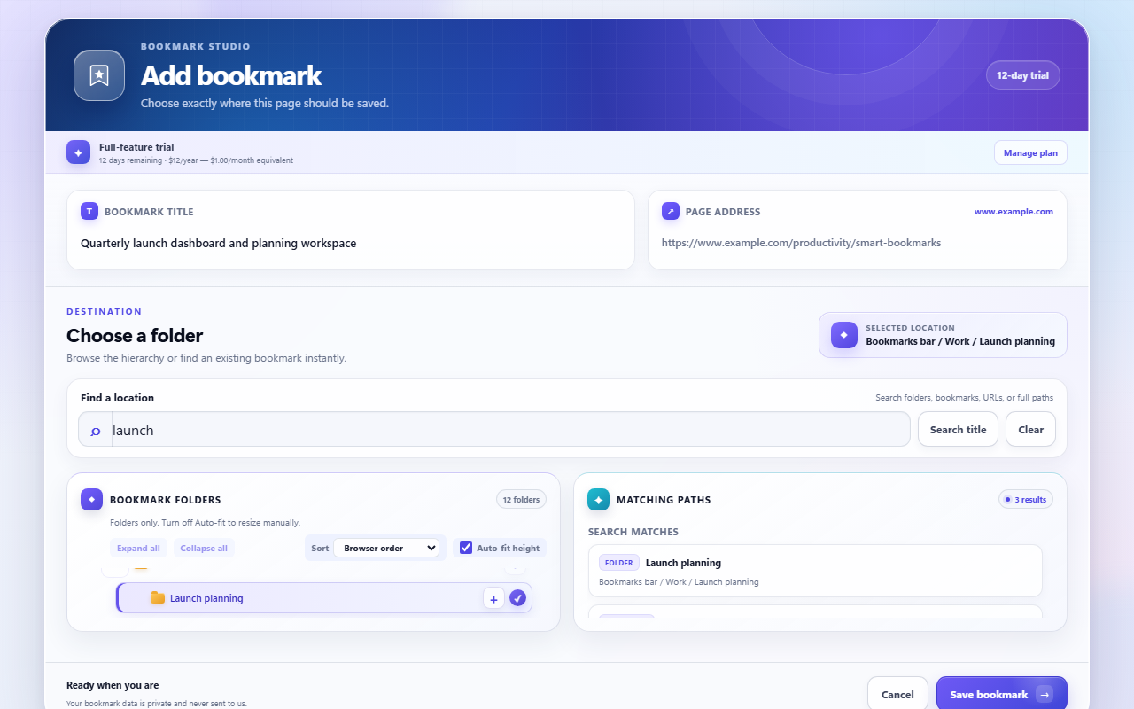 FolderCharm showing folder and bookmark search results